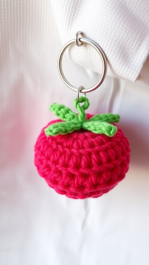 Crochet tomato keychain with green leaves on a keyring against a soft background.